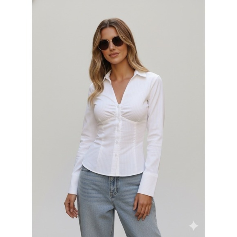 Princess Polly White Elowenn Ruched Bust Button Down Long Sleeve Top US 12, 0